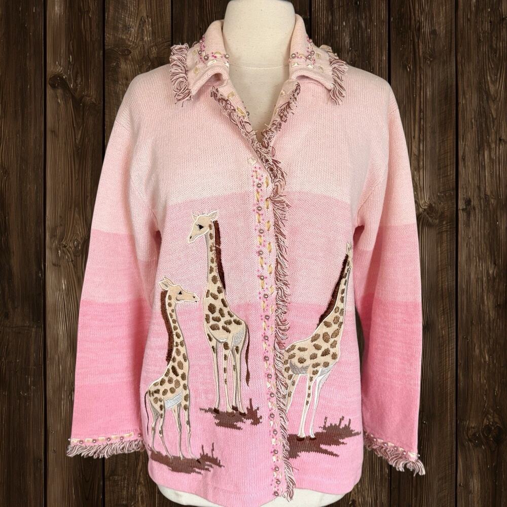 Storybook Knits Cardigan SZ L Special Edition Giraffes Pearls Fringe and Velvet